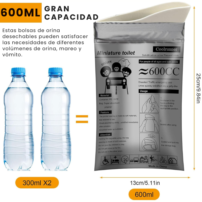 COMBO 5 Bolsas portátiles de orina para viajes