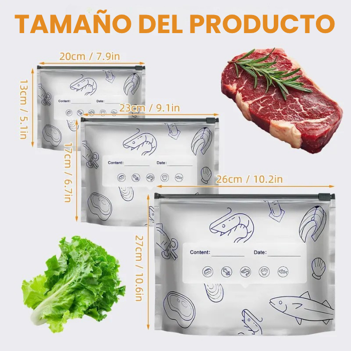 10 Bolsas reutilizables de aluminio sellables para almacenamiento de alimentos en nevera y congelador (23CM ancho x 17cm alto)