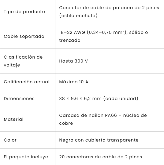 PACK DE 20 Conectores de cable sin soldadura de 2 pines