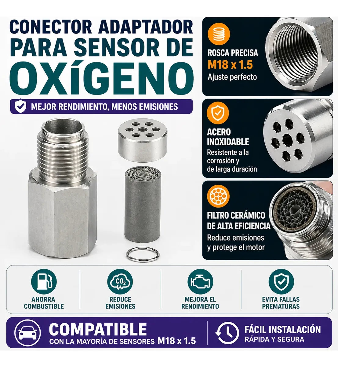 Adaptador alargador de extensión para sensor de oxígeno M18*1.5