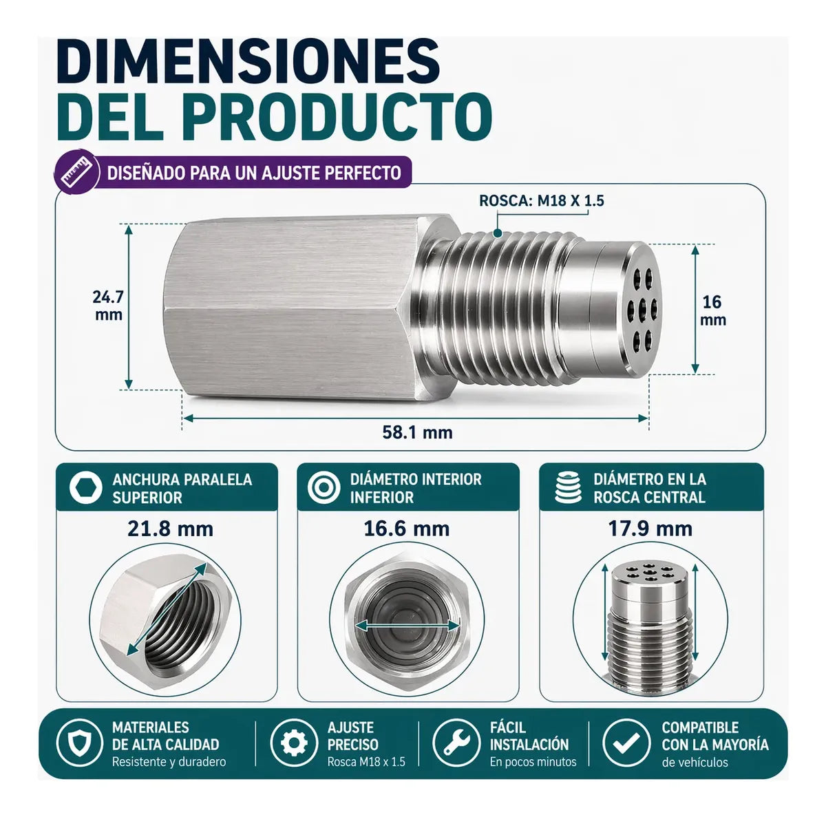 Adaptador alargador de extensión para sensor de oxígeno M18*1.5
