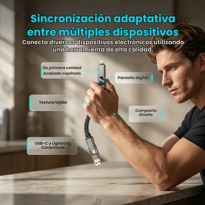 PAGA 1 LLEVA 2 Cable de datos con llavero de carga ultrarrápida y pantalla digital 4 en 1