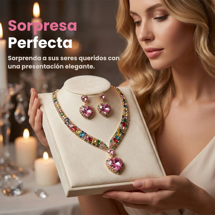 Conjunto de collar y pendientes de corazón brillante: con incrustaciones de cristal