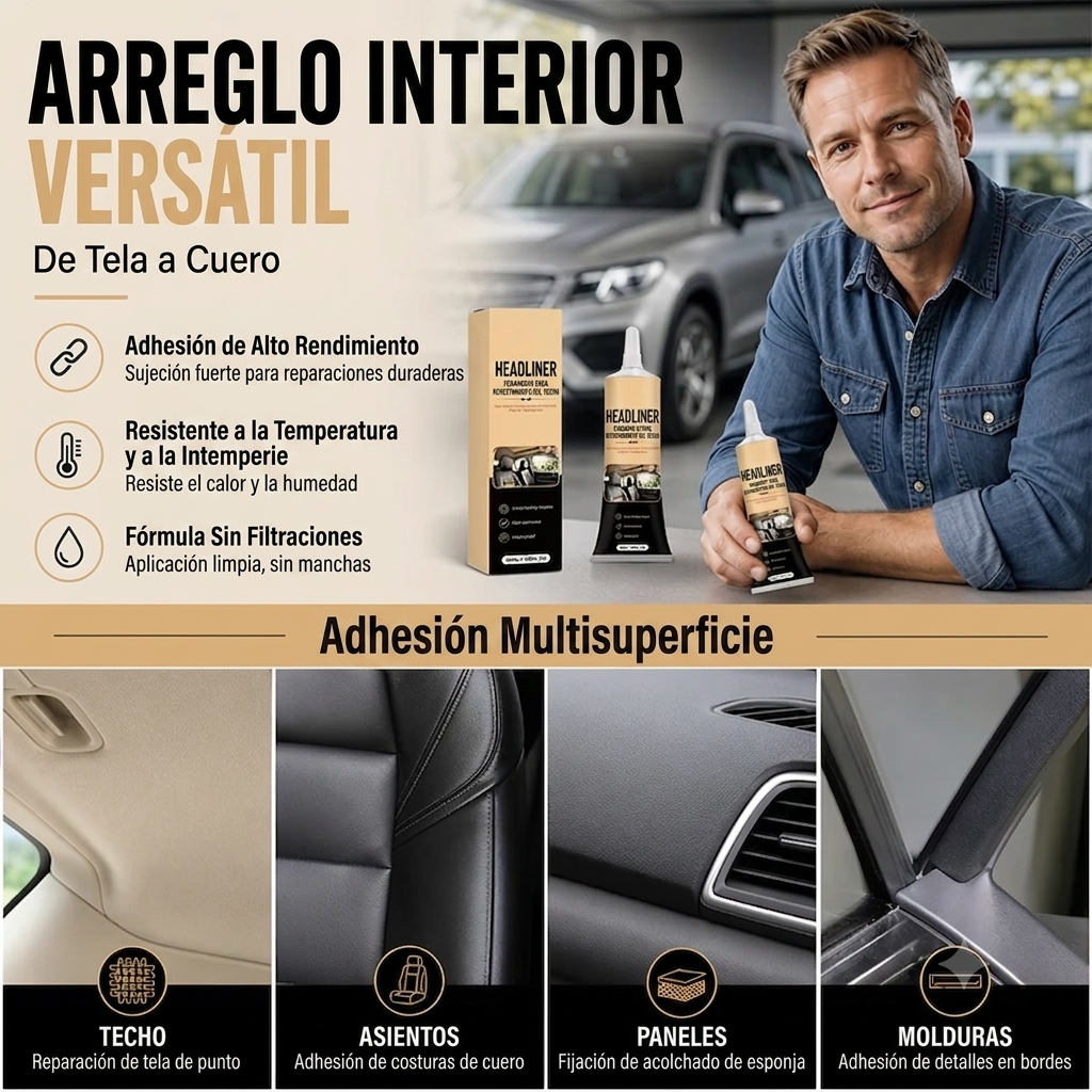 Pegamento reparador para techos interiores y molduras de automóviles desprendidos
