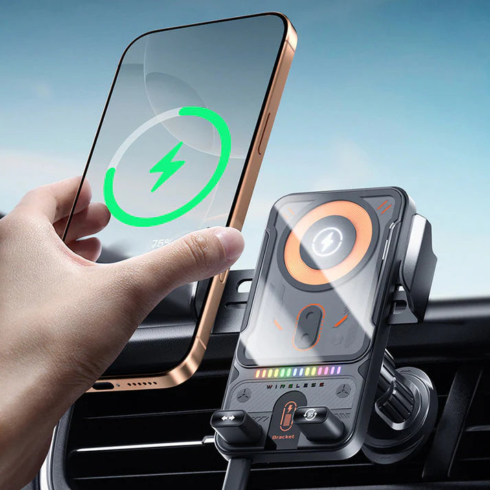 Soporte inteligente 2 en 1 para teléfono móvil con rotación automática y cargador inalámbrico