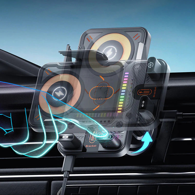 Soporte inteligente 2 en 1 para teléfono móvil con rotación automática y cargador inalámbrico