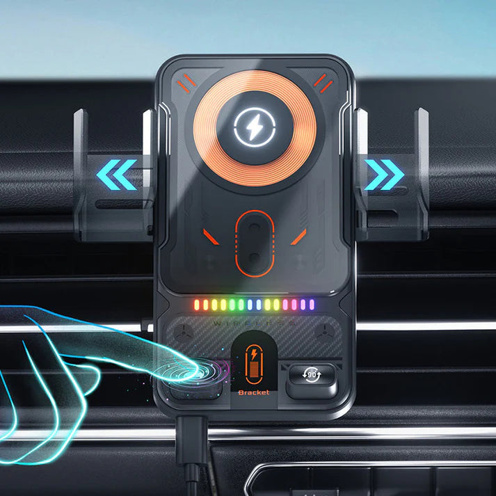 Soporte inteligente 2 en 1 para teléfono móvil con rotación automática y cargador inalámbrico