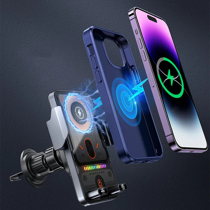 Soporte inteligente 2 en 1 para teléfono móvil con rotación automática y cargador inalámbrico